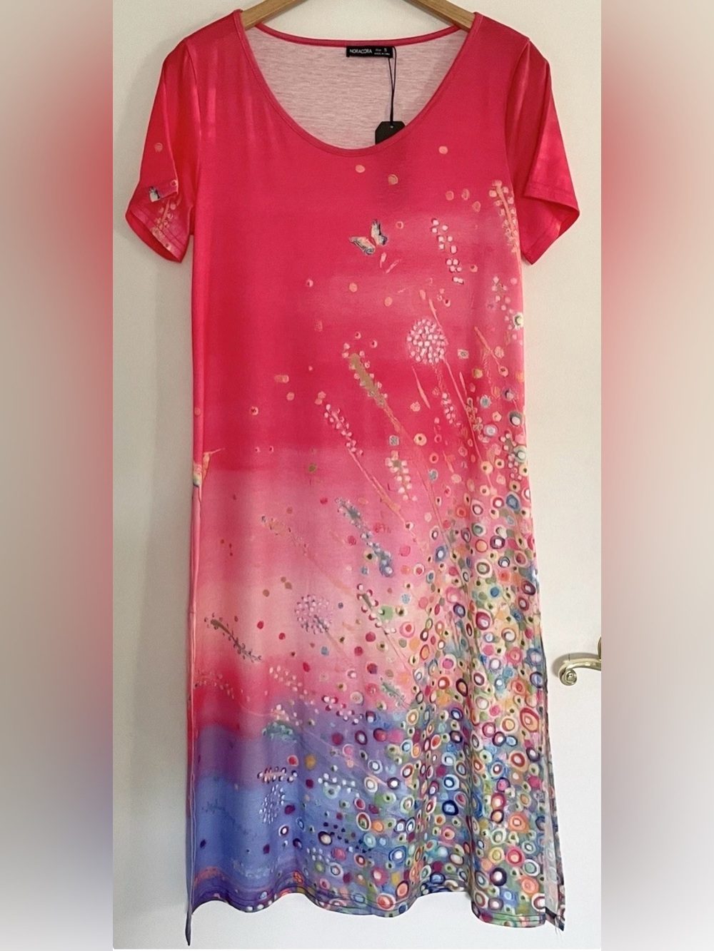 Noracora Floral Print Tshirt Dress Colorful Flowers Butterfly Side Slits Size Sm